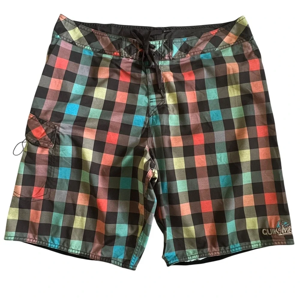 Quiksilver Board Shorts‎ Mens Size 36 Plaid Swim Trunks Multicolor Surf Beach